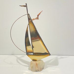 DeMott Brass Metal Sailboat Sail Boat Sculpture Seagull Stone Base VTG Signed
